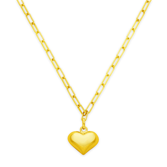 Puffy Heart Paperclip Chain Necklace, 18k Gold Over Sterling Silver