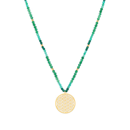 Joy and Prosperity Flower of Life Necklace, Green Aventurine, Spinel, Chrysoprase, 18K Gold