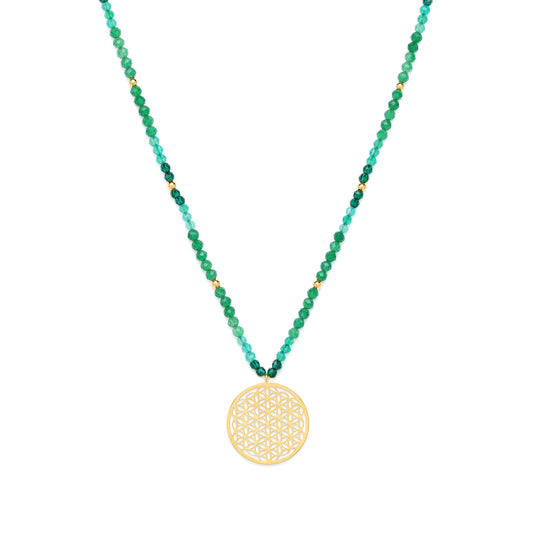 Joy and Prosperity Flower of Life Necklace, Green Aventurine, Spinel, Chrysoprase, 18K Gold