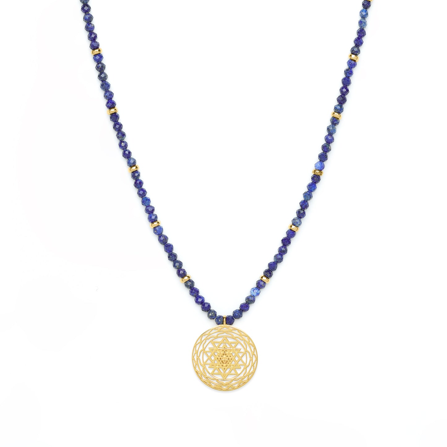 Sri Yantra Protection & Peace Necklace, Lapis Lazuli, 18k Gold