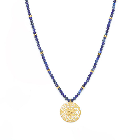 Sri Yantra Protection & Peace Necklace, Lapis Lazuli, 18k Gold