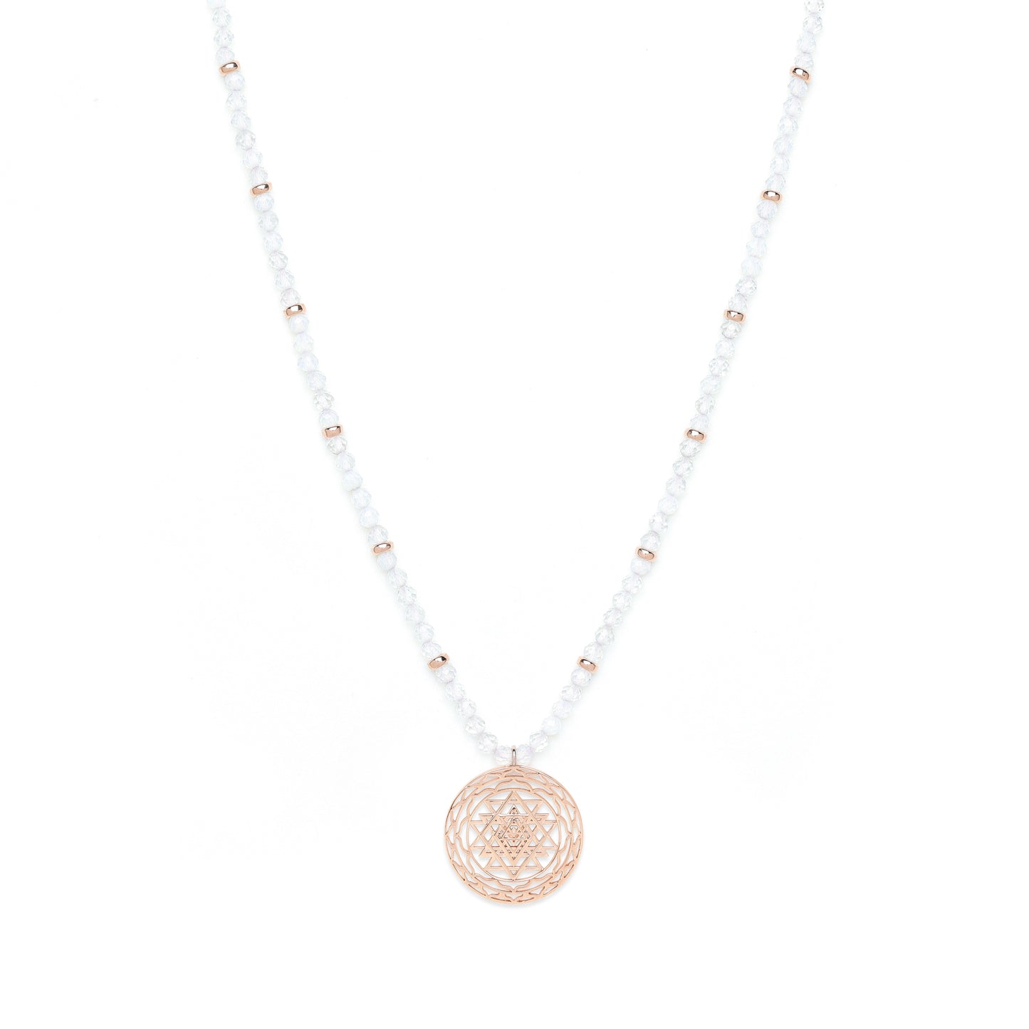 Sri Yantra Harmonious Energy Necklace, White Opal, Rose Gold