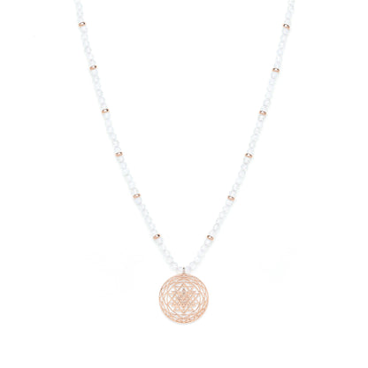 Sri Yantra Harmonious Energy Necklace, White Opal, Rose Gold