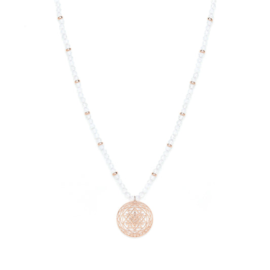 Sri Yantra Harmonious Energy Necklace, White Opal, Rose Gold