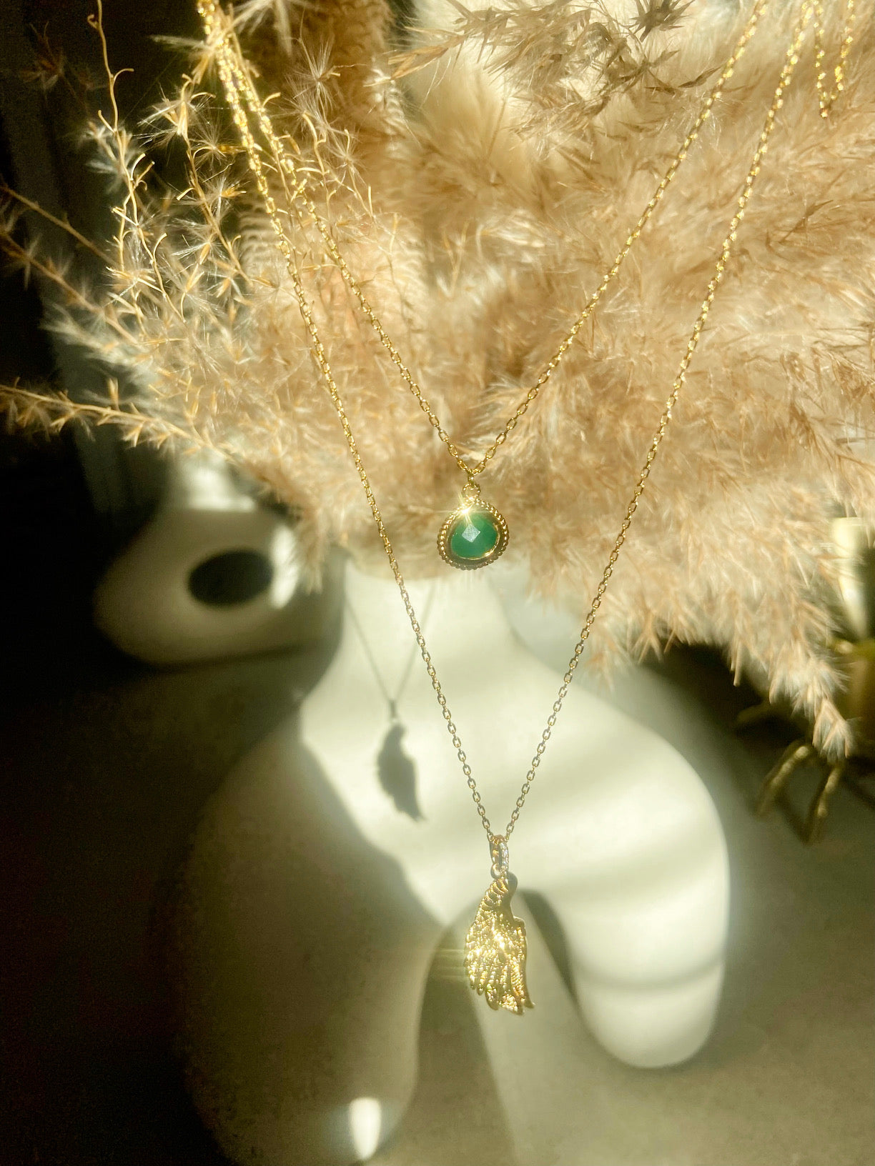 Archangel Raphael Angel of Healing Necklace, Green Agate, White Rhodium