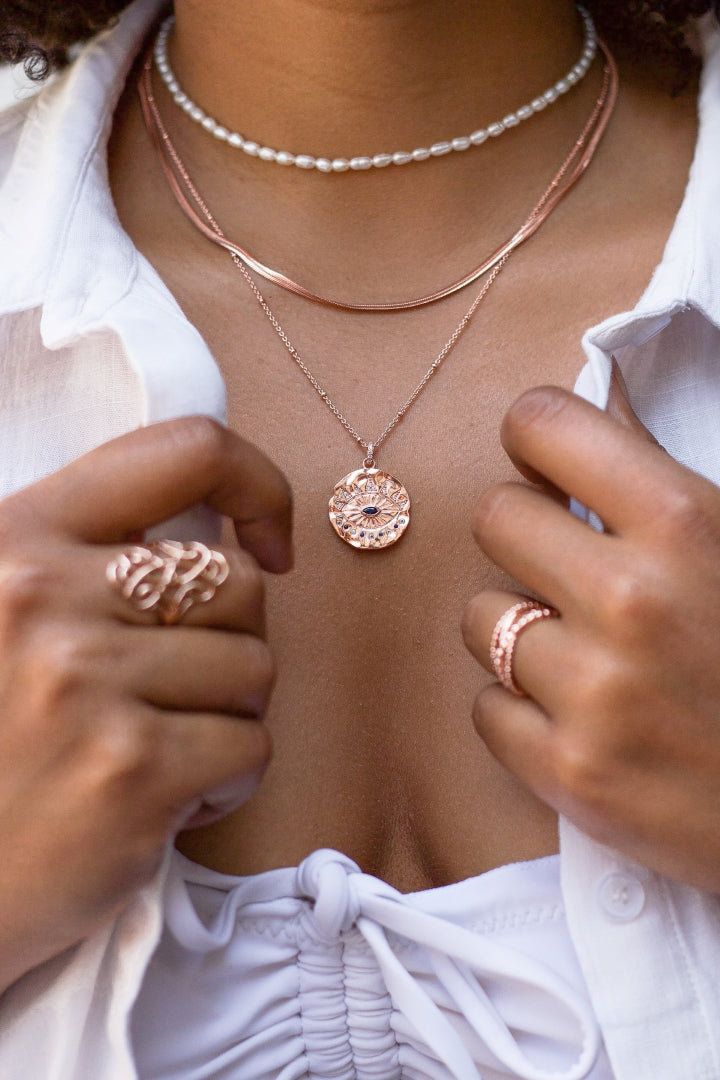 Evil Eye Protection Necklace, Rose Gold over Sterling Silver with Sapphire and White Topaz, High Polish Finish