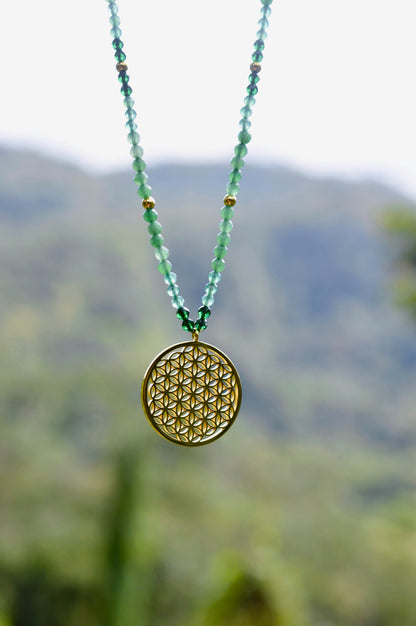 Joy and Prosperity Flower of Life Necklace, Green Aventurine, Spinel, Chrysoprase, 18K Gold