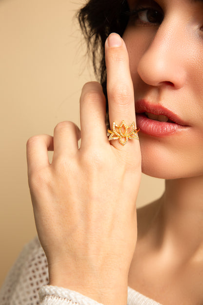 Illuminate Lotus Ring 18K Gold Plated, White Topaz Pave