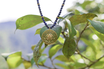 Sri Yantra Protection & Peace Necklace, Lapis Lazuli, 18k Gold