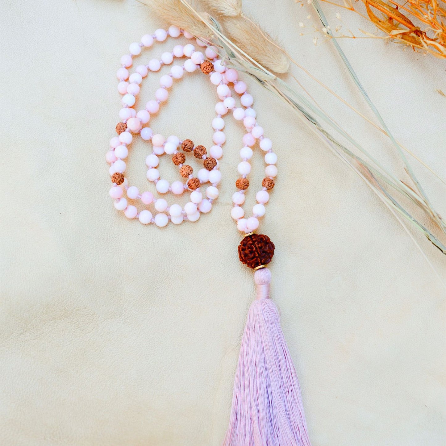 Higher Realms Pink Opal and Rudraksha Mala, Rishikesh Charity Collection