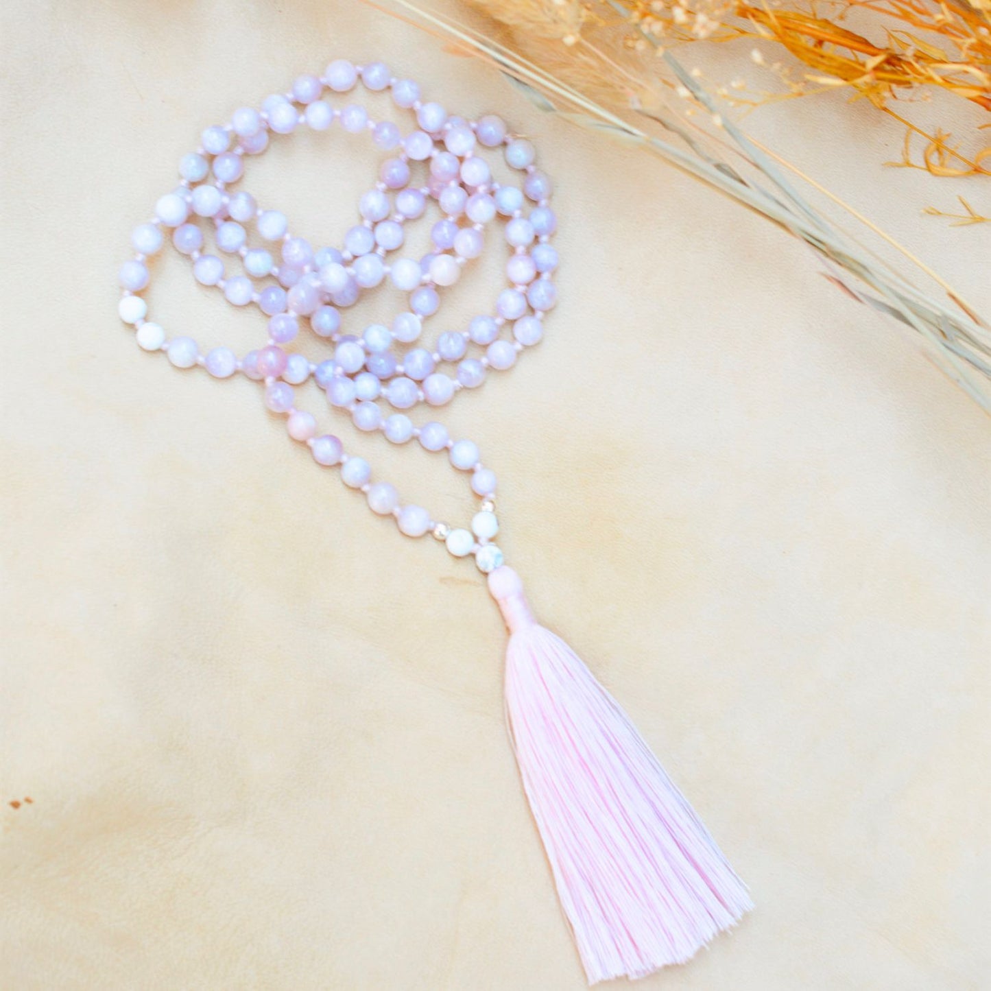 Love & Devotion Kunzite & Howlite Mala, Rishikesh Charity Collection