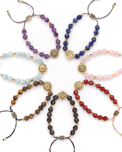 Chakra Healing & Alignment Gemstone Adjustable Bracelets, Set of 7, 18k Gold, All Gender