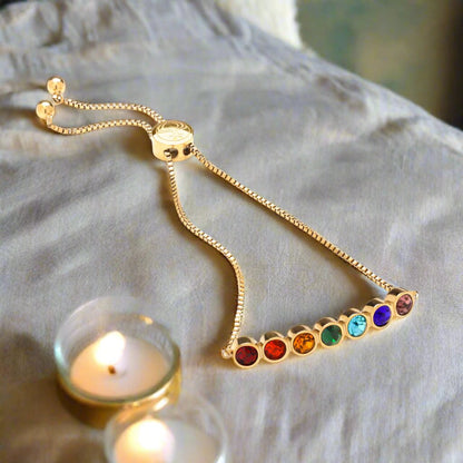 Seven Chakras Healing Stone Adjustable Bracelet, 18k Gold finished Stainless Steel