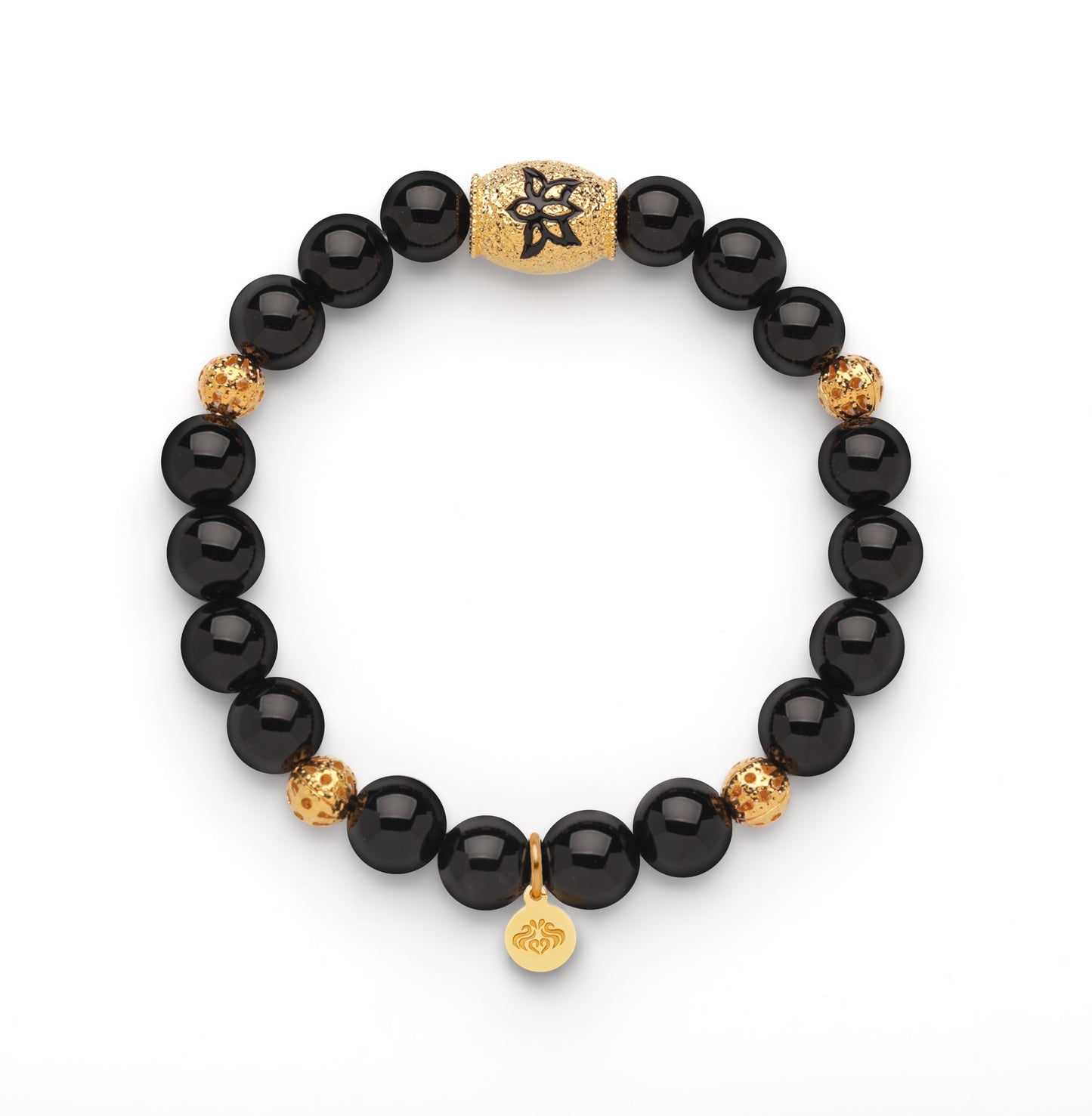 Protection & Strength Onyx Lotus Beaded Bracelet, 18k Gold