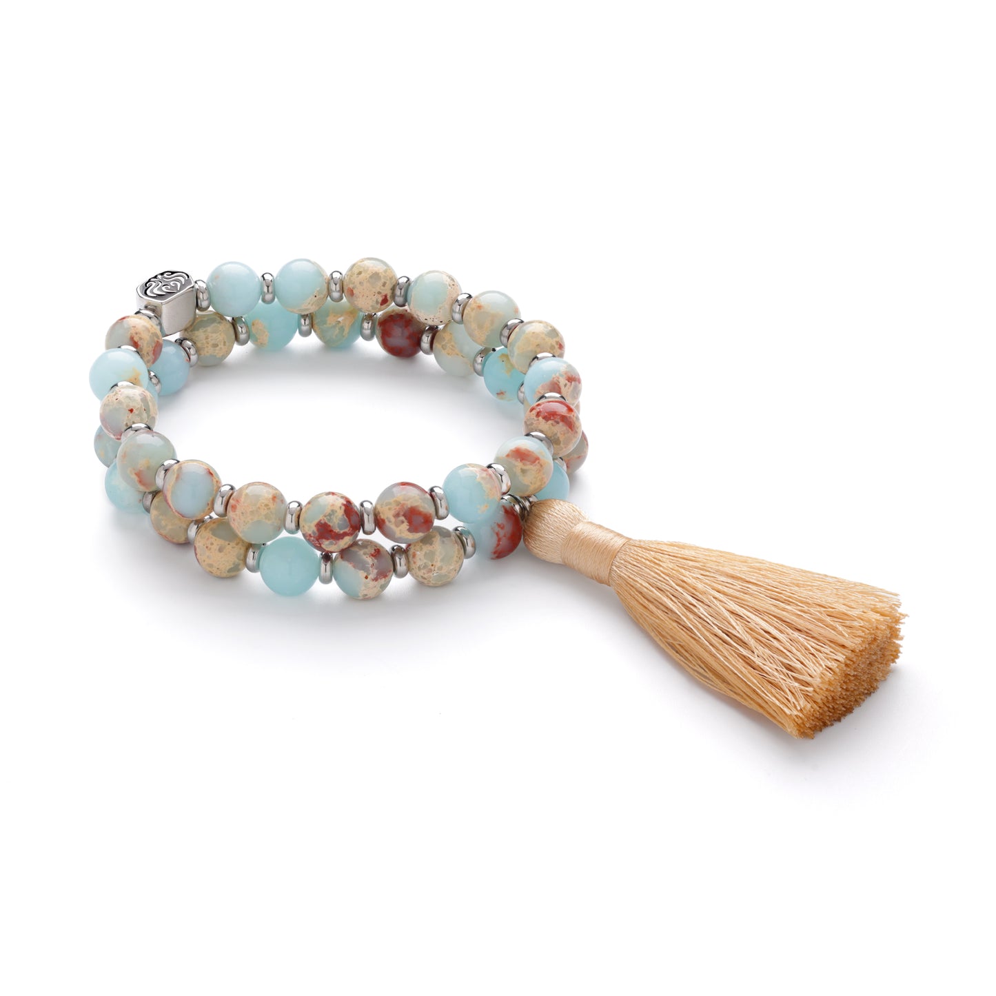 Blue Snake Skin Jasper Transformation and Growth Wrist Mala Tassel Bracelet