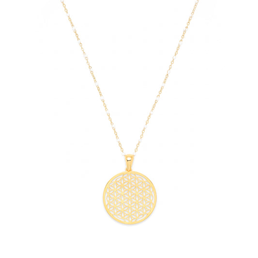 Peaceful Heart Flower of Life Necklace, White Enamel, 18K Gold