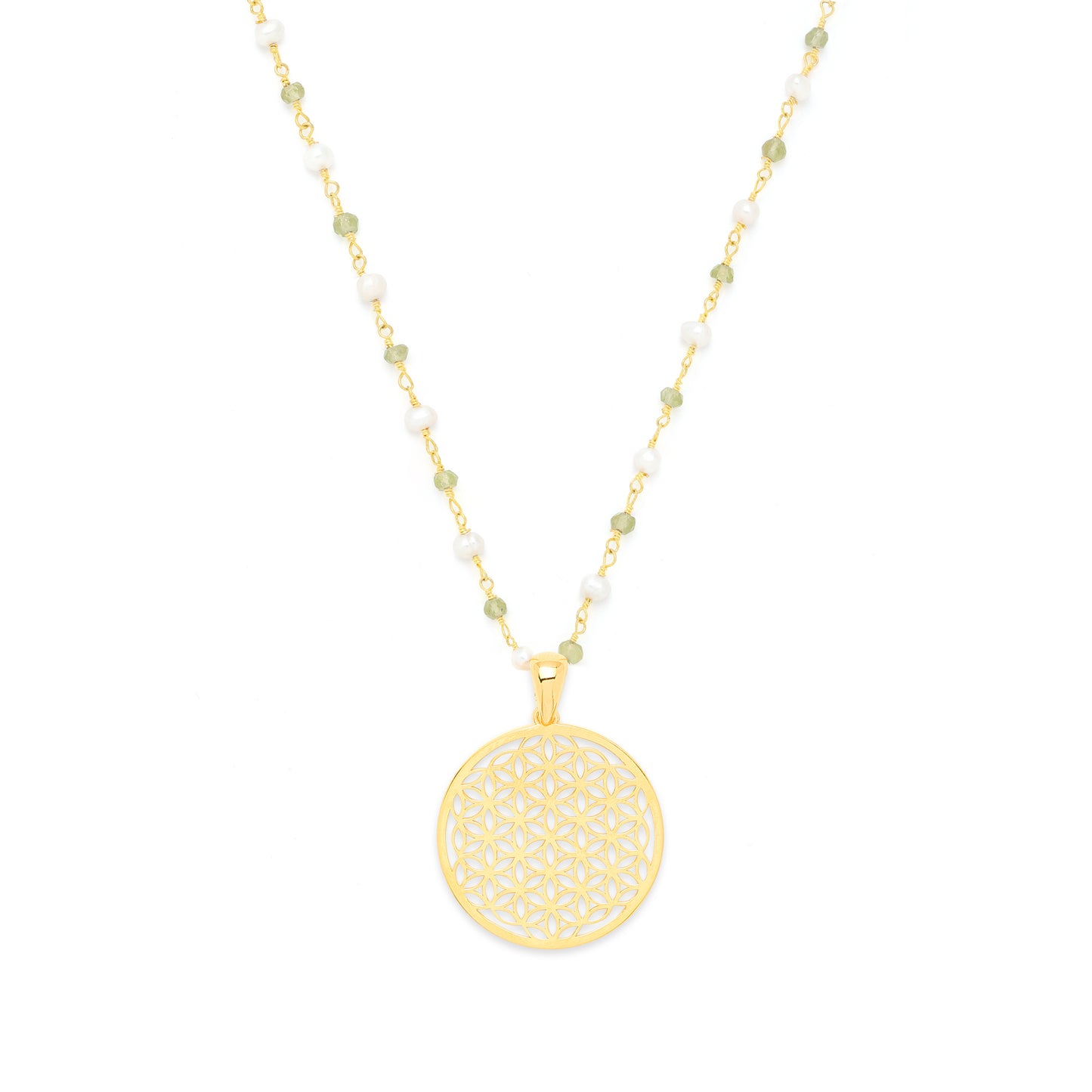 Divine Life Force Flower of Life Necklace, Pearl & Peridot, 18K Gold