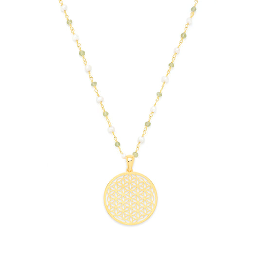 Divine Life Force Flower of Life Necklace, Pearl & Peridot, 18K Gold