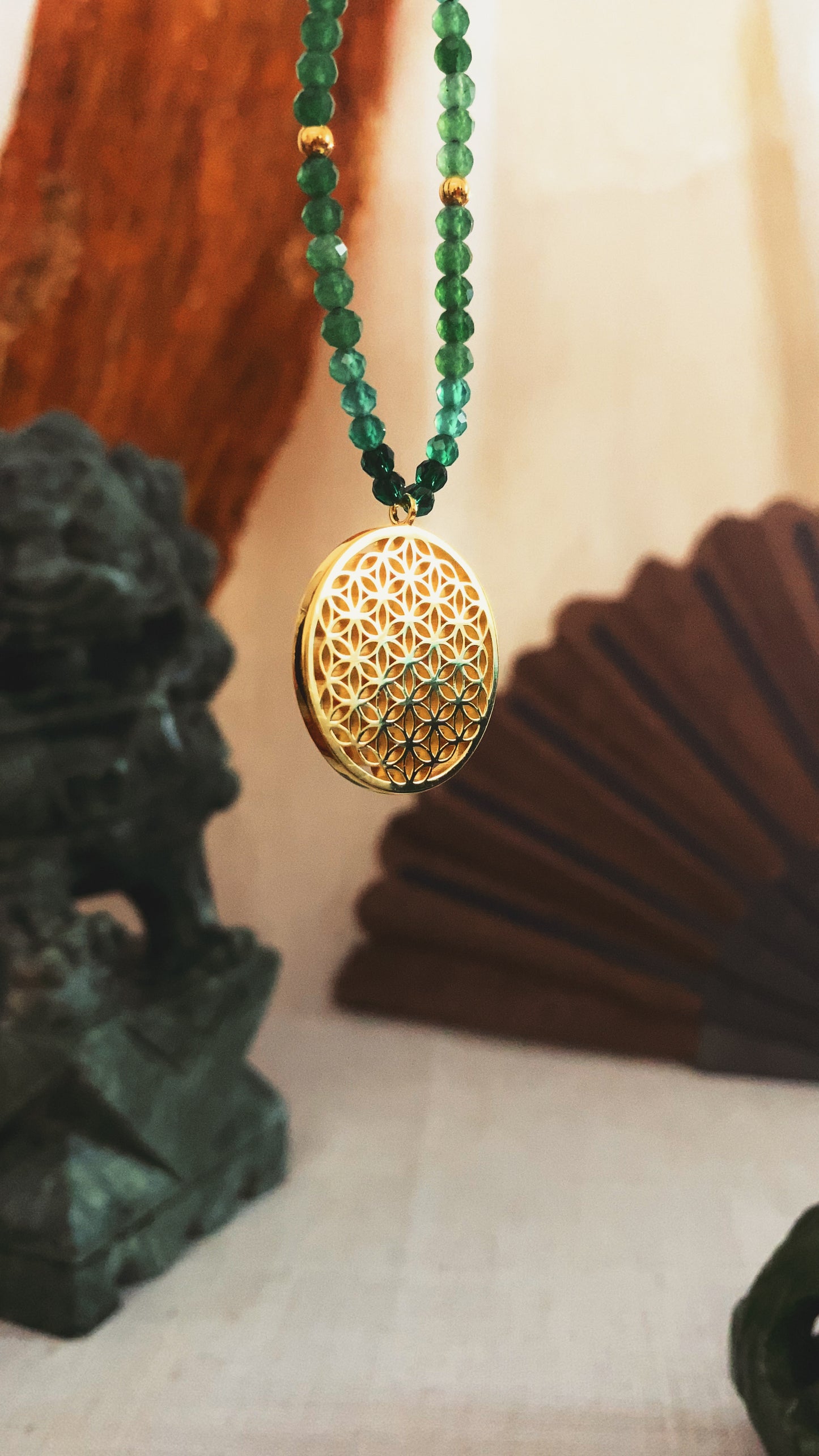 Joy and Prosperity Flower of Life Necklace, Green Aventurine, Spinel, Chrysoprase, 18K Gold