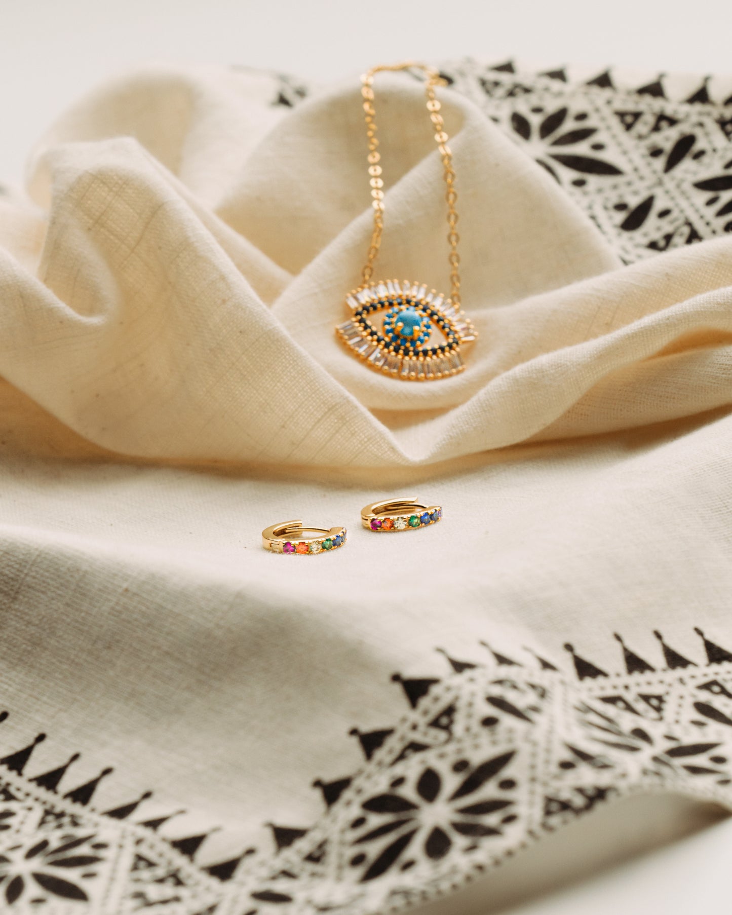 Evil Eye Necklace, 18k Gold Vermeil with Turquoise, Lapis, Zirconia Baguette Diamonds