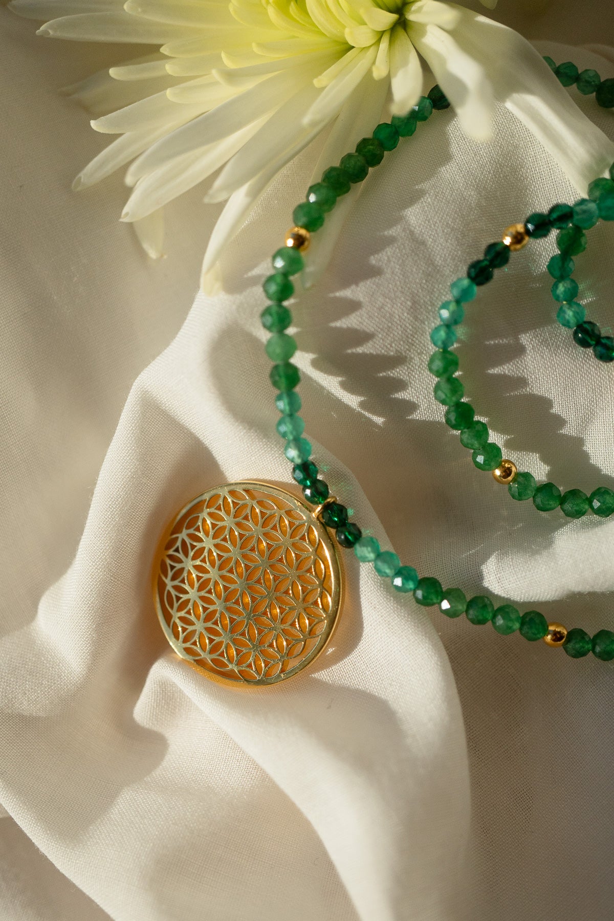 Joy and Prosperity Flower of Life Necklace, Green Aventurine, Spinel, Chrysoprase, 18K Gold