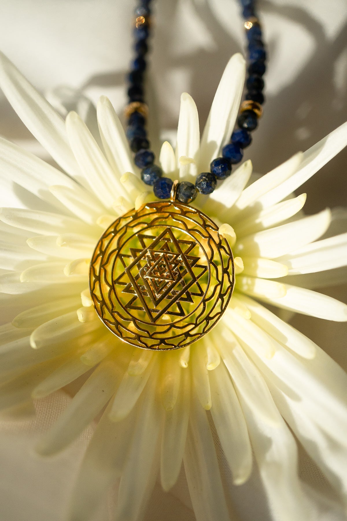 Sri Yantra Protection & Peace Necklace, Lapis Lazuli, 18k Gold