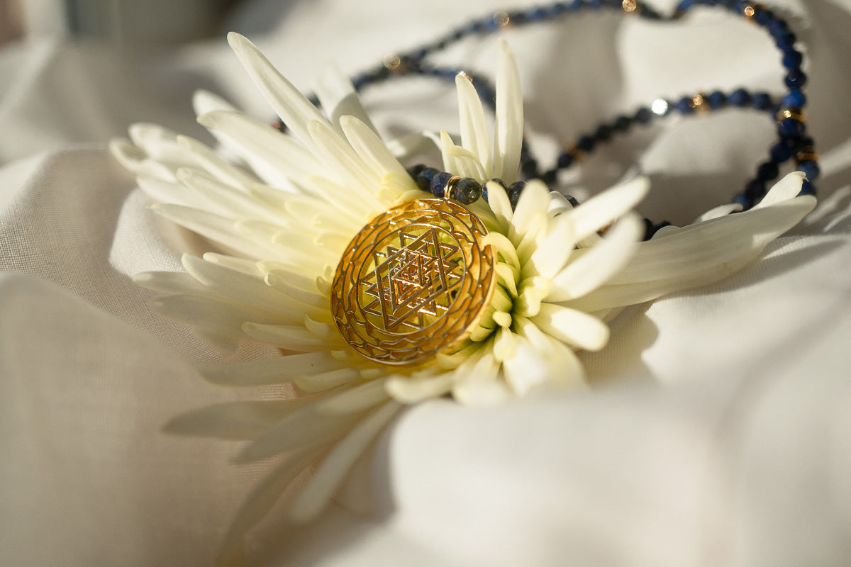 Sri Yantra Protection & Peace Necklace, Lapis Lazuli, 18k Gold