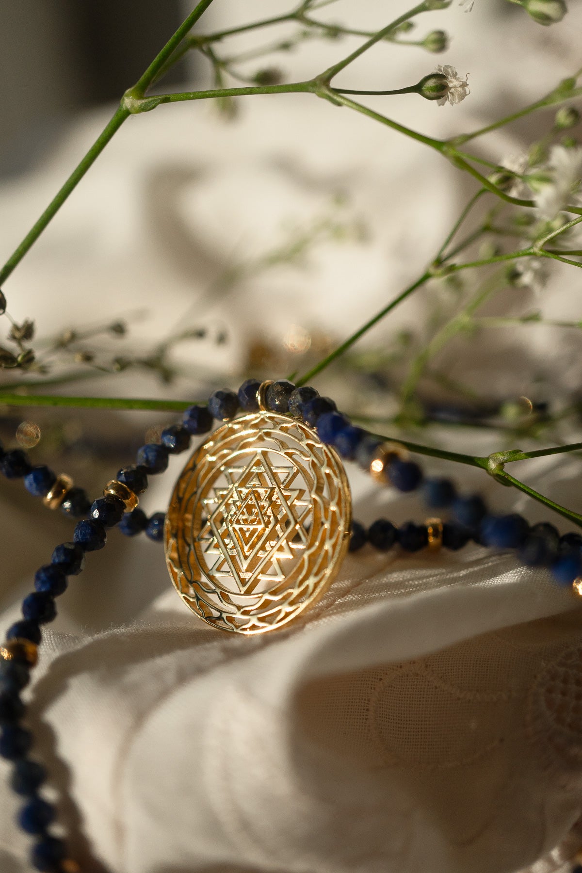 Sri Yantra Protection & Peace Necklace, Lapis Lazuli, 18k Gold