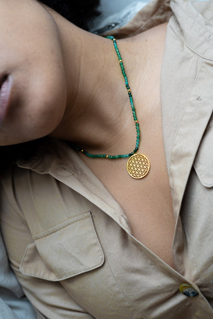 Joy and Prosperity Flower of Life Necklace, Green Aventurine, Spinel, Chrysoprase, 18K Gold