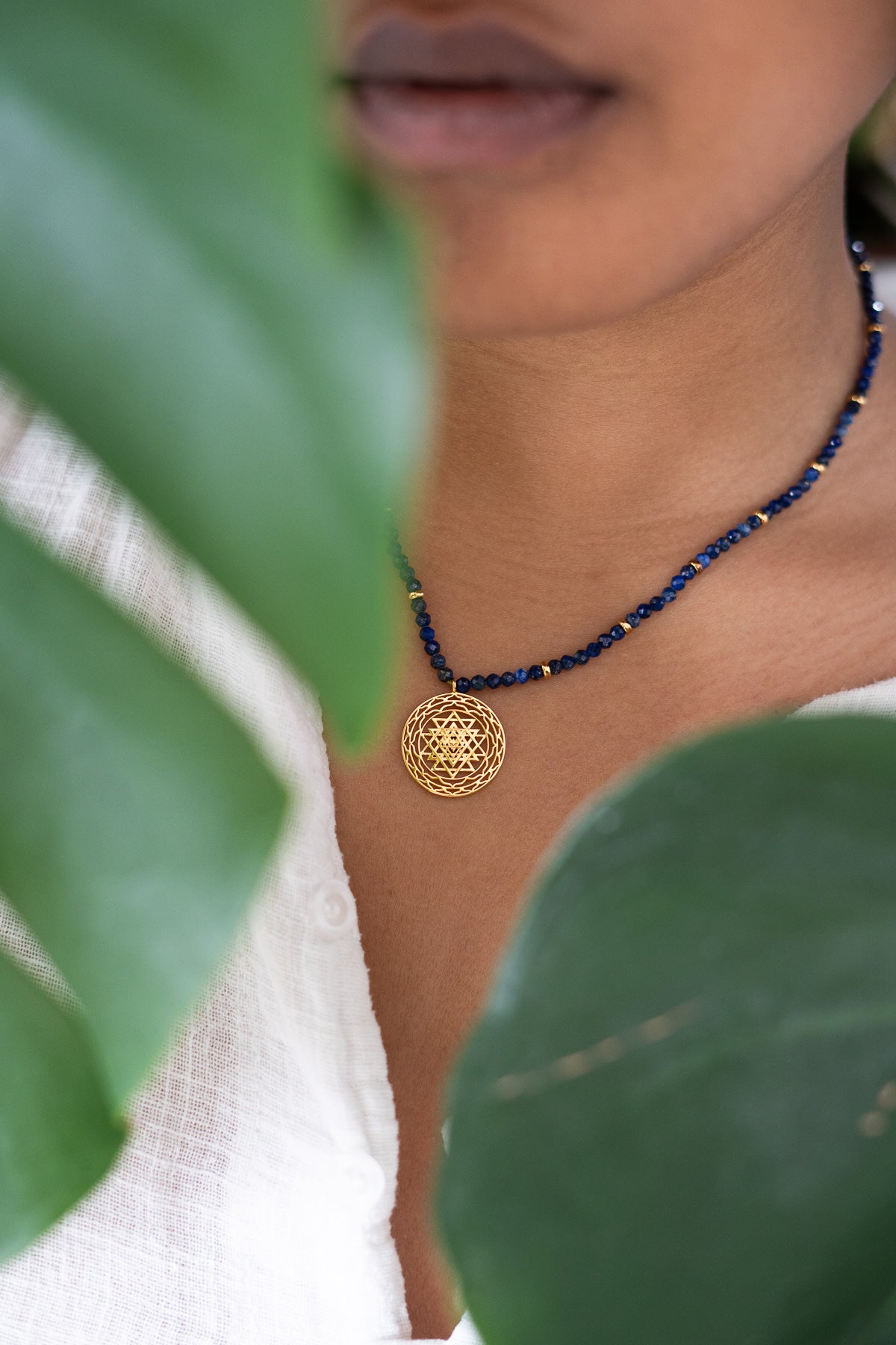 Sri Yantra Protection & Peace Necklace, Lapis Lazuli, 18k Gold