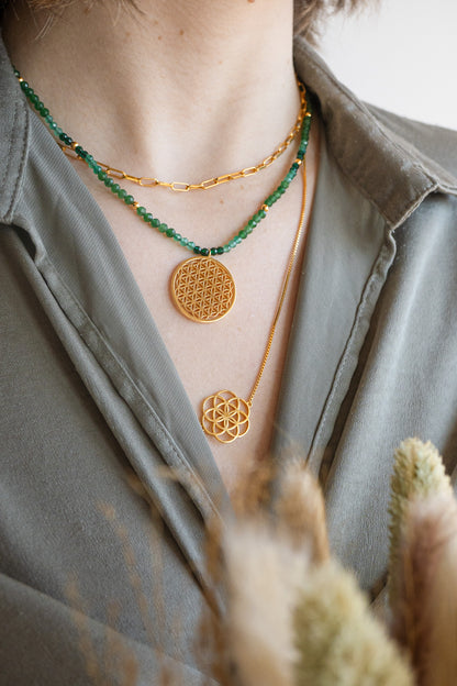 Joy and Prosperity Flower of Life Necklace, Green Aventurine, Spinel, Chrysoprase, 18K Gold