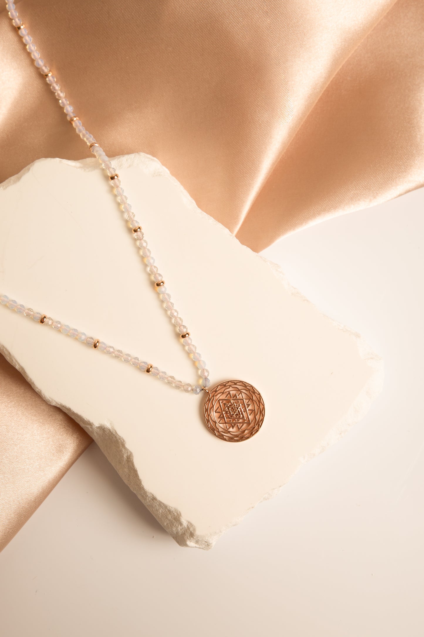 Sri Yantra Harmonious Energy Necklace, White Opal, Rose Gold