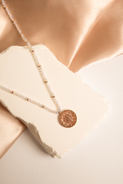 Sri Yantra Harmonious Energy Necklace, White Opal, Rose Gold