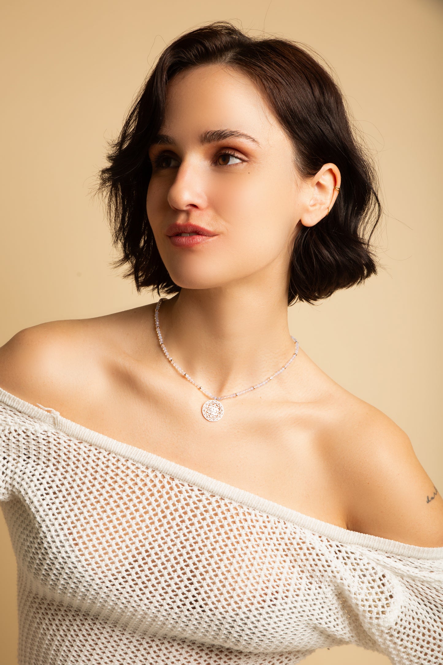 Sri Yantra Harmonious Energy Necklace, White Opal, Rose Gold