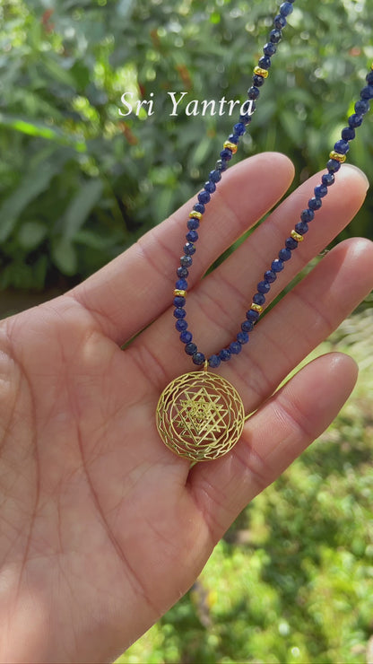 Sri Yantra Protection & Peace Necklace, Lapis Lazuli, 18k Gold