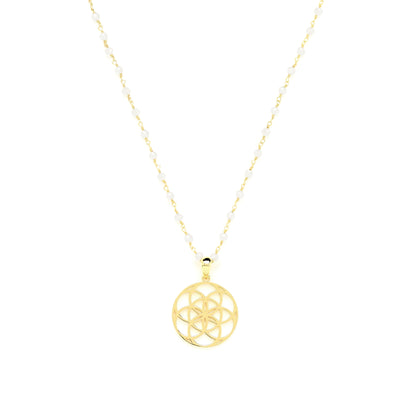 Seed of Life Feminine Power Amulet, White Chalcedony Chain, 18k Gold Plated