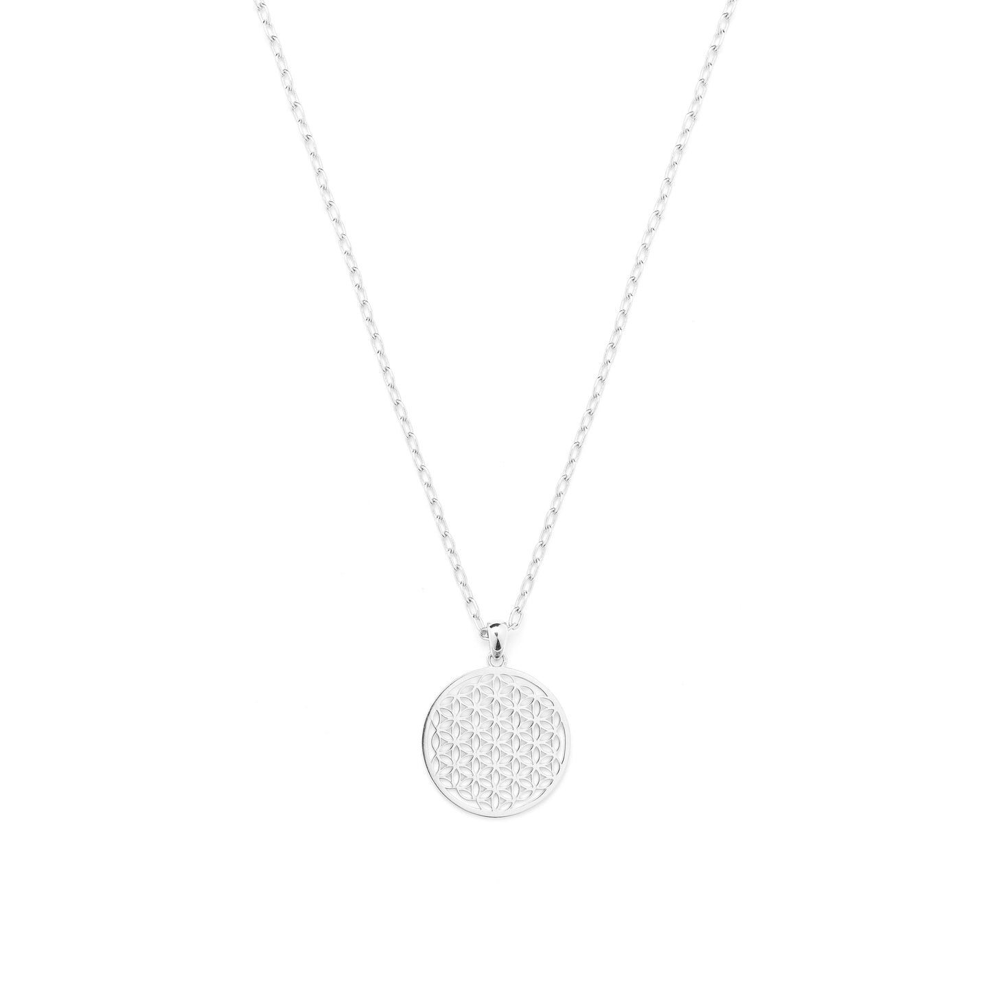 Flower Of Life Necklace, White Rhodium Over Sterling Silver, Link Chain