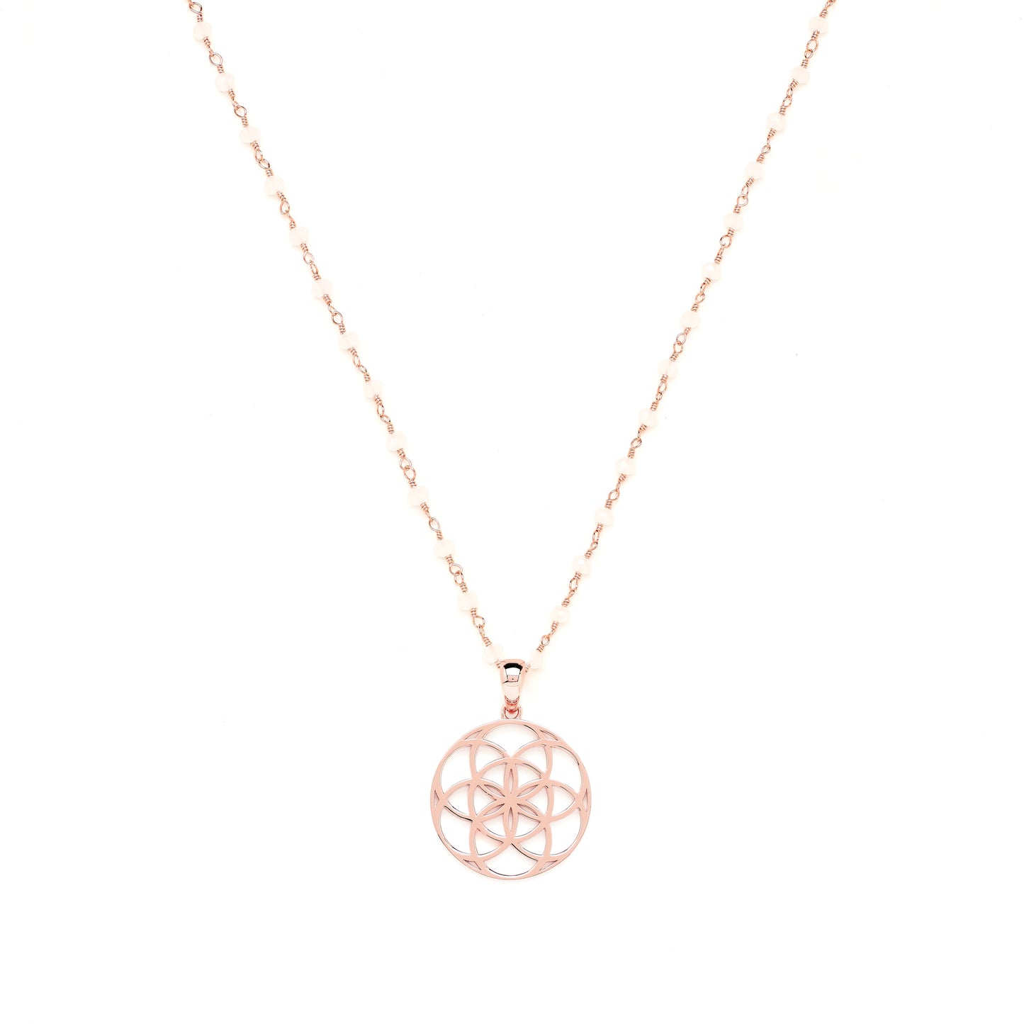 Seed of Life Feminine Power Amulet, White Chalcedony Chain, Rose Gold Plated