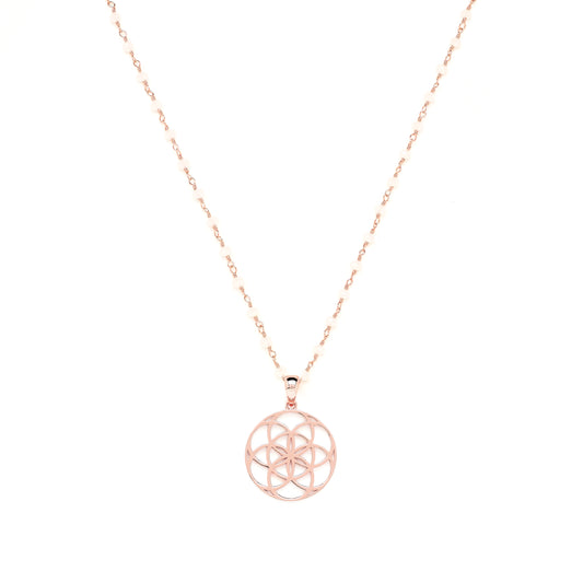 Seed of Life Feminine Power Amulet, White Chalcedony Chain, Rose Gold Plated