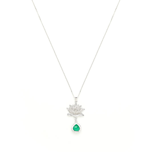 Aura Cleansing Lotus Necklace, Green Agate, White Rhodium, Seen in Vanity Fair UK