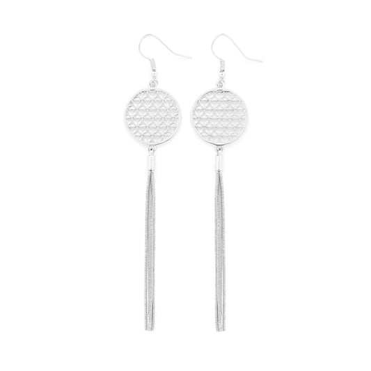 Flower of Life Tassel Earrings, White Rhodium