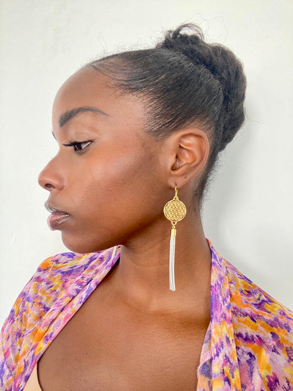 Flower of Life 18K Gold Vermeil, Gold/Ivory Tassel Earrings