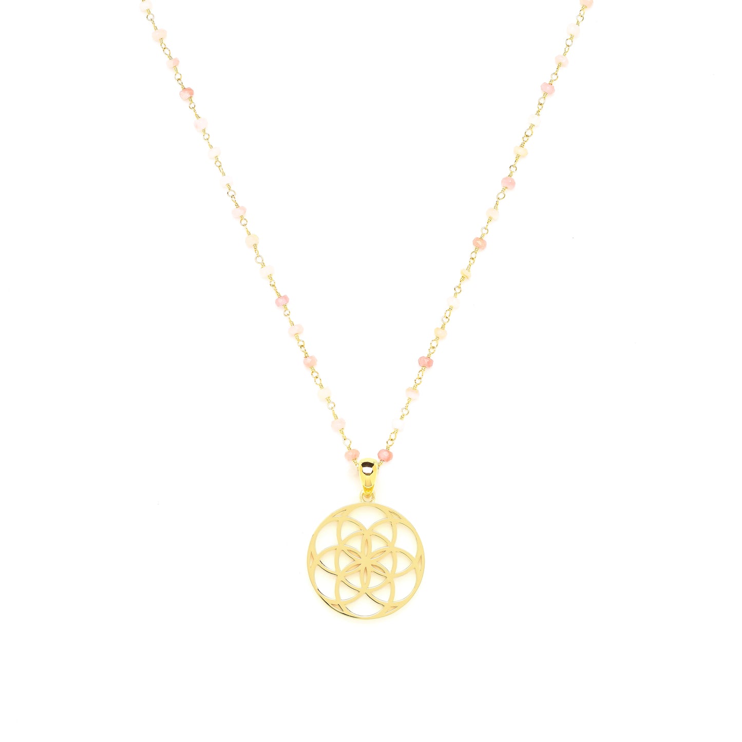 Spiritual Radiance Seed of Life Necklace, Pink Opal, 18k Gold Finish