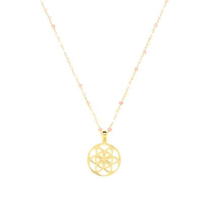 Spiritual Radiance Seed of Life Necklace, Pink Opal, 18k Gold Finish