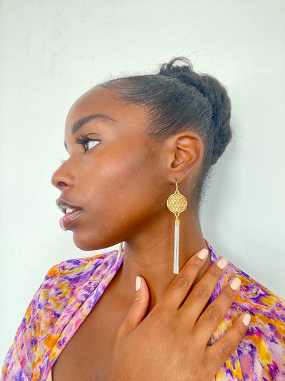 Flower of Life 18K Gold Vermeil, Gold/Ivory Tassel Earrings