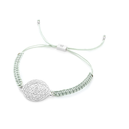 Luck and Prosperity Sri Yantra Friendship Bracelet, White Rhodium, Sage Green, One Size