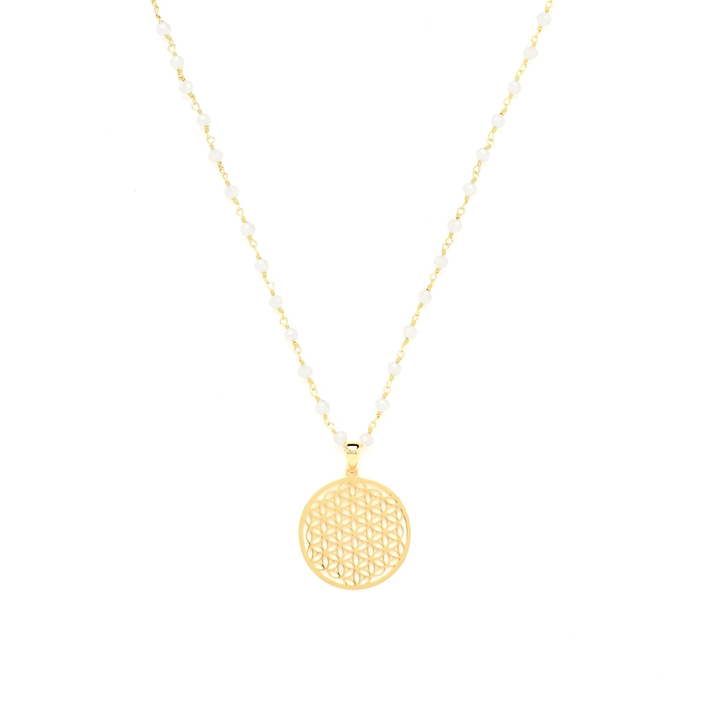 Body Mind Balance, Flower of Life Necklace, White Chalcedony, 18K Gold Vermeil