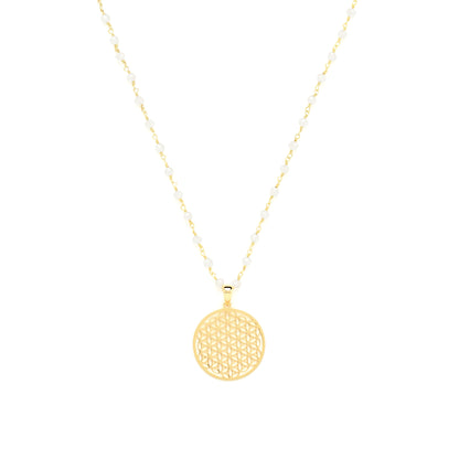 Body Mind Balance, Flower of Life Necklace, White Chalcedony, 18K Gold Vermeil