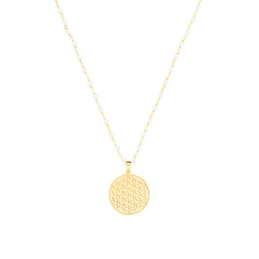 Body Mind Balance, Flower of Life Necklace, White Chalcedony, 18K Gold Vermeil