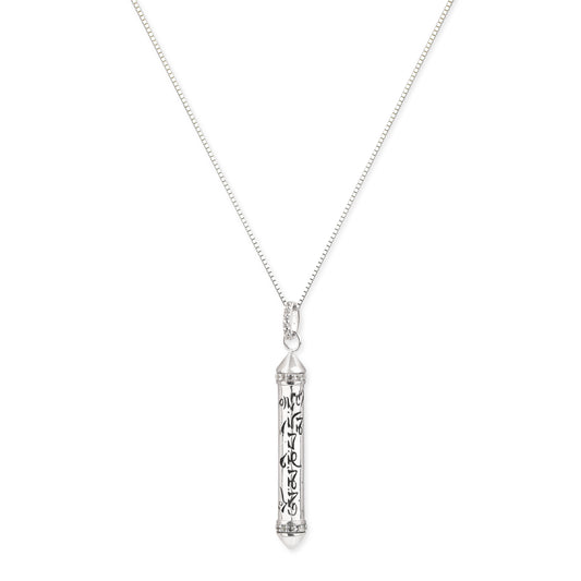 OM MANI PADME HUM Sterling Silver White Topaz Prayer Necklace, White Rhodium, 22 inches